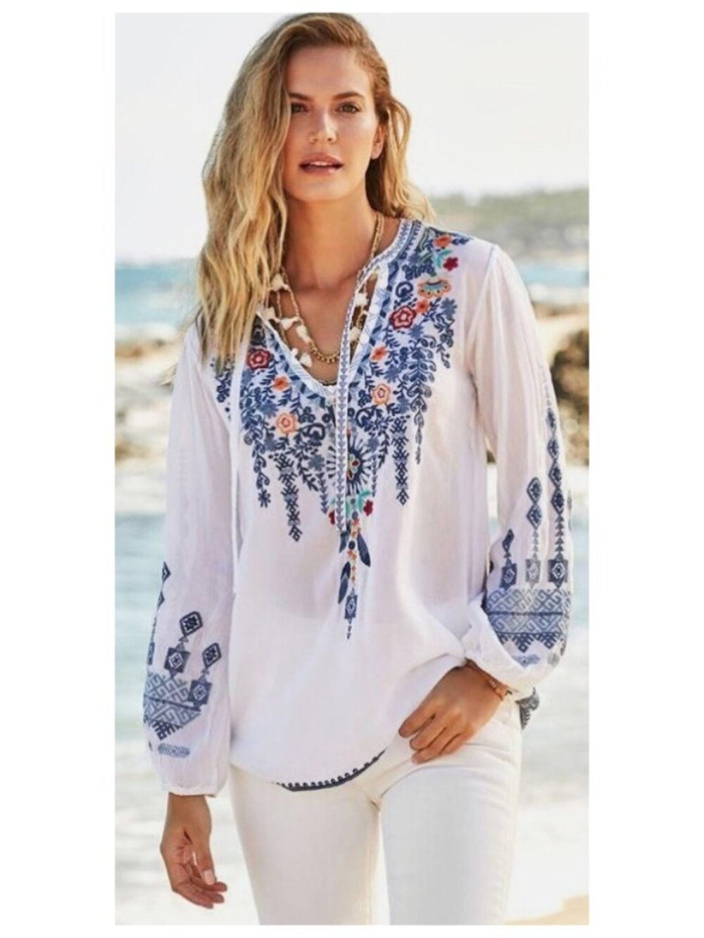 Johnny Was Multicolor Floral Embroidered White Blouse/Tunic Size XS